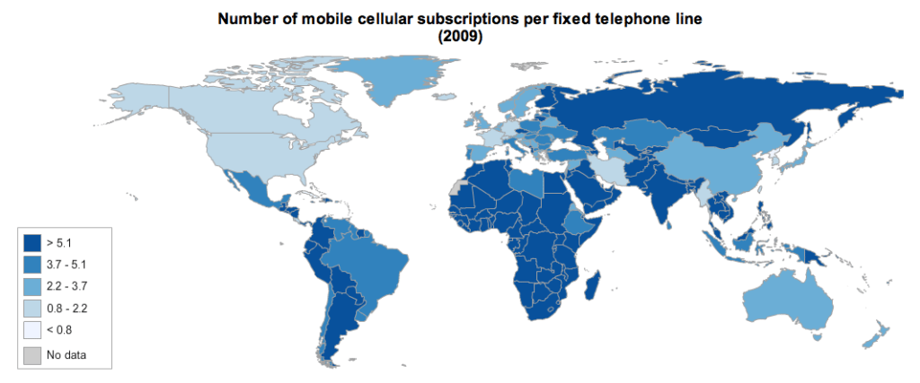 Mobile subscribers per fixed telephone line (2009)