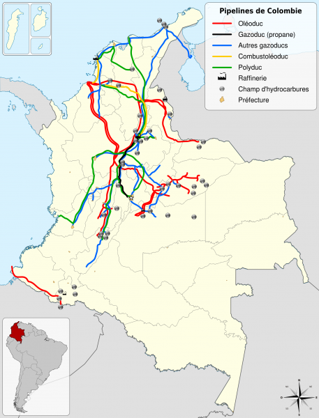 Major piplines in Colombia. (Source: Wikimedia)